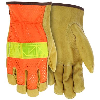 MCR Safety Gloves Org Hi Vis Mesh Refl Back Pig Grain Palm (34111S)