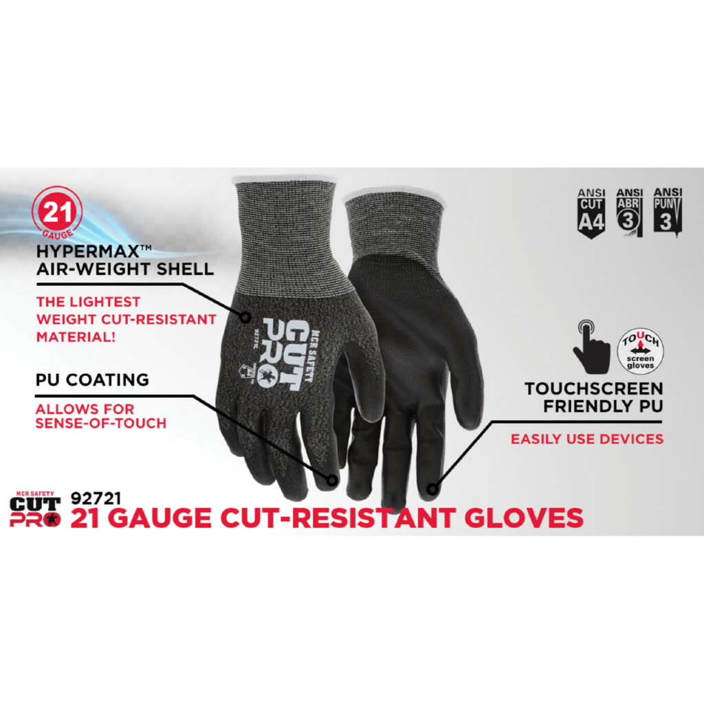 MCR Safety Gloves 21g,CutPro, S&P HyperMax,Black PU XS (92721XS)