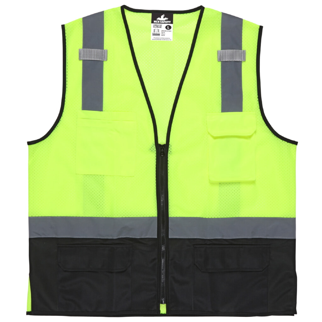 MCR Safety Garments Lime Green,Class2,Black Bottom,Zip,Mesh (CL2MLSZX5)