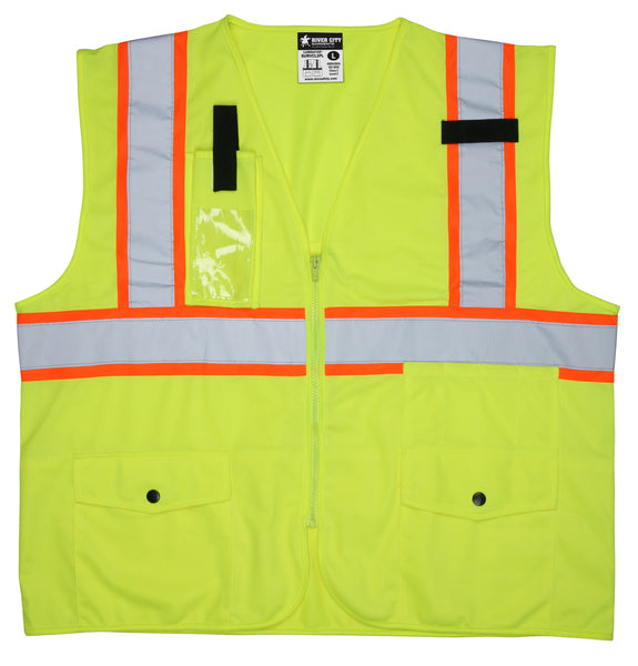 MCR Safety Garments Class2,Survey Pocket, Lime,Silv/Orange L (SURVCL2PLL)