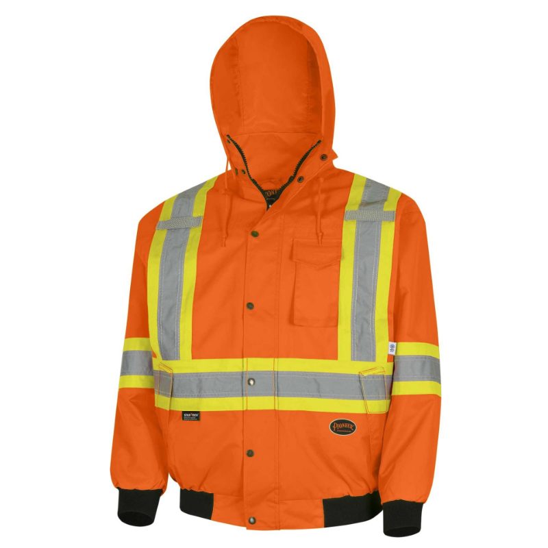 Hi-Vis Winter Safety Bomber – 100% Waterproof – Detachable Hood – Hi-Vis Orange – L