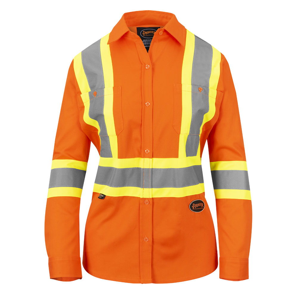 Women’s Long Sleeved Safety Shirt – Hi-Vis Orange – Cotton Twill – Button Closure – XS