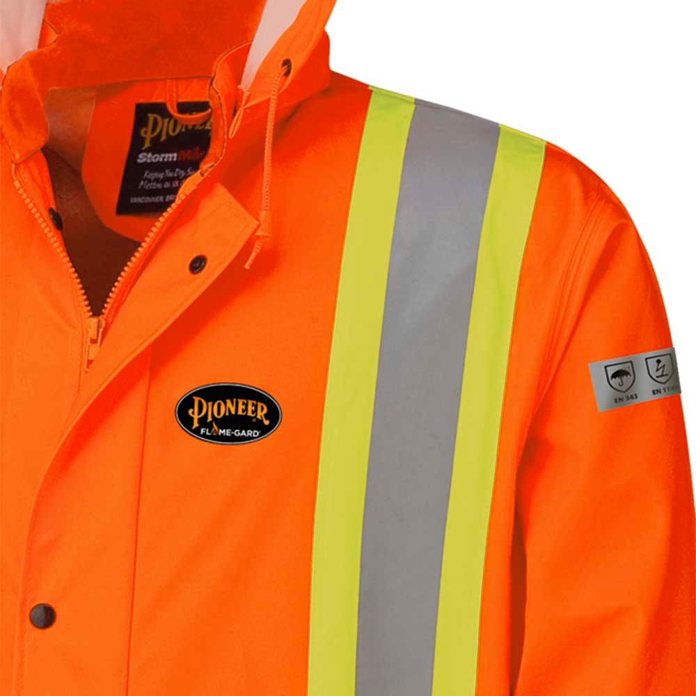 Hi-Vis FR Jacket – PU Stretch – Waterproof – Detachable Hood – Pockets – Hi-Vis Orange – 2XL