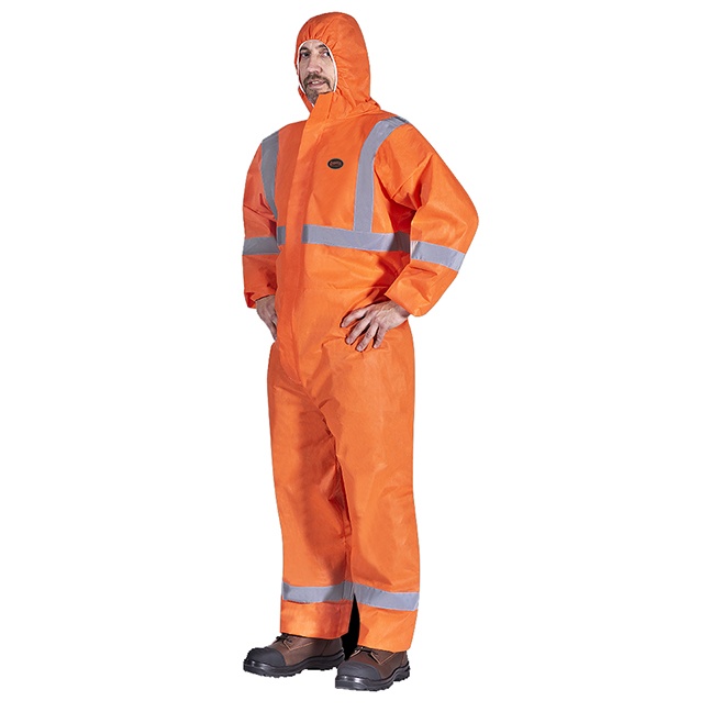Hi-Vis SMS Disposable Coveralls – Reflective Tape – Zipper Closure – 50/CS – Orange – 2XL