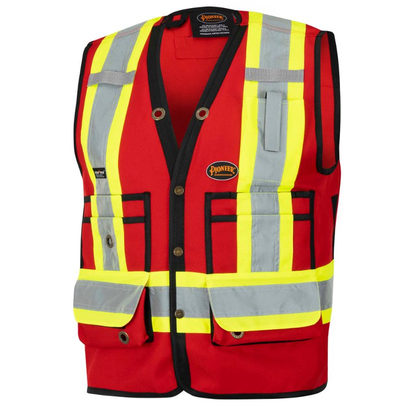 Hi-Vis 150D Poly Twill Surveyor's Safety Vest – Snap Closure – Red – L