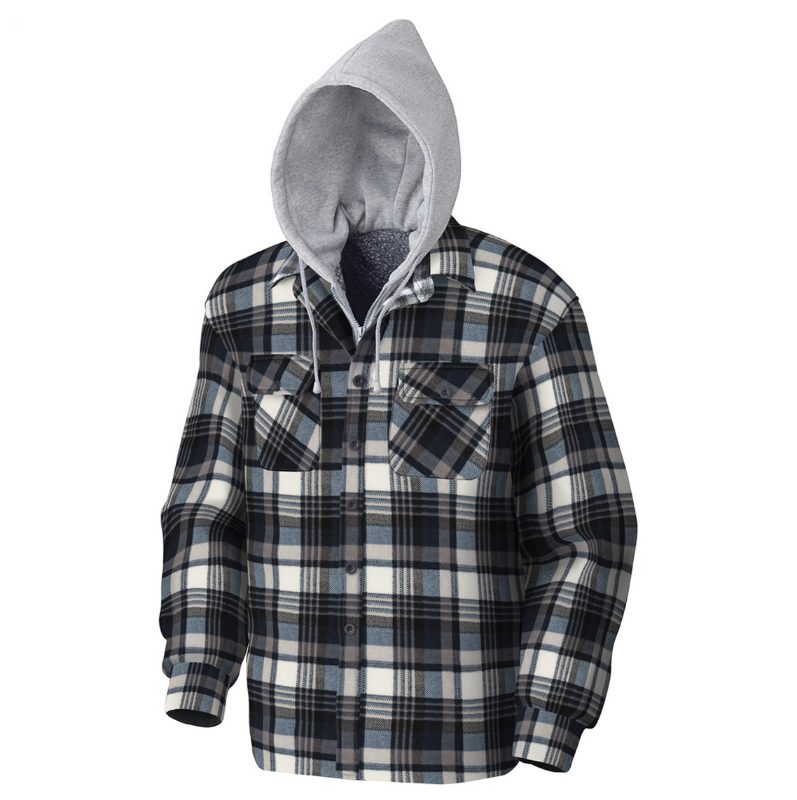 Quilted Polar Fleece Hooded Shirt – Blue/Grey Plaid – 3XL