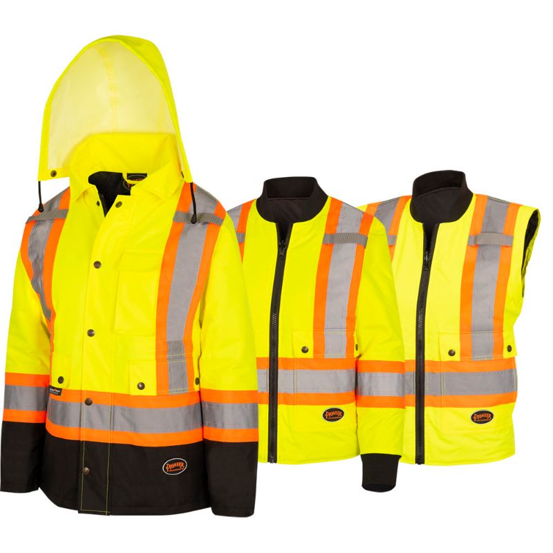 Women's Hi-Vis 7-in-1 Jacket – Waterproof – Detachable Hood – Black Bottom – Hi-Vis Orange – S