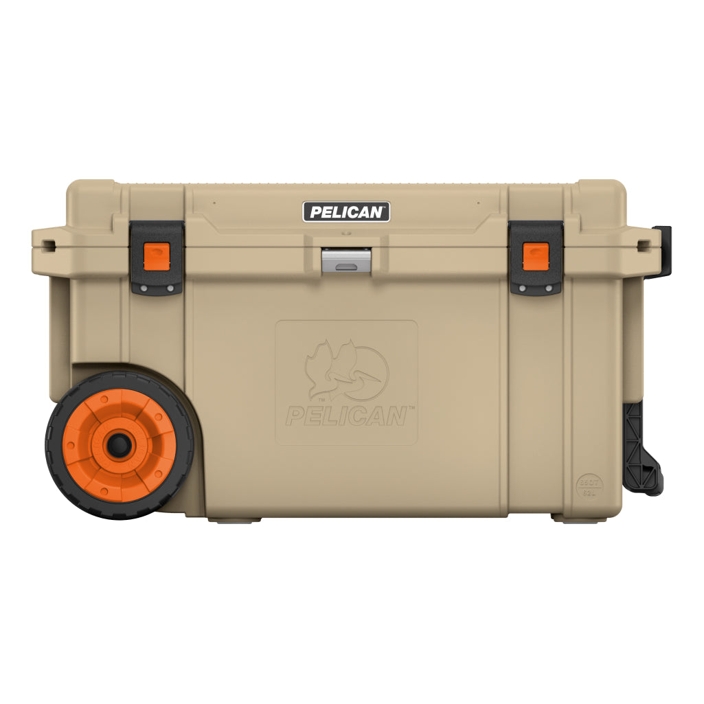 Pelican Elite Cooler 72.42 quart capacity for 53 cans or 65lbs of ice with integrated cup holders and bottle opener, White – Gra