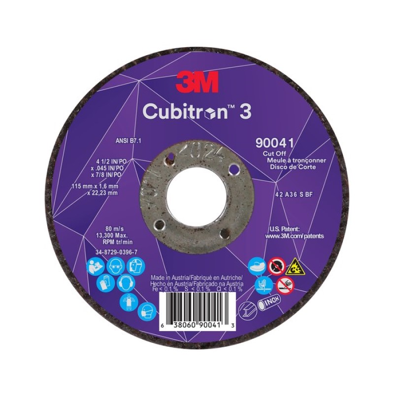 3M™ Cubitron™ 3 Cut-Off Wheel, 90042, 36+, T27, 4-1/2 in x 0.09 in x 5/8 in-11 (115 x 2 mm x 5/8-11 in), ANSI, 10 ea/Case