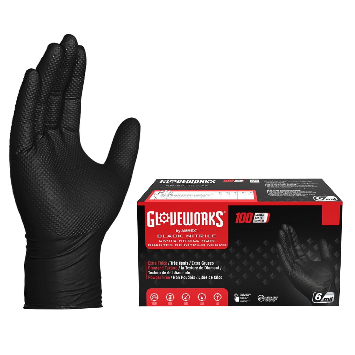 M/8 9.3" 6 mil Black Nitrile Beaded Cuff Raised Diamond Textured Grip Chemical Resistant Disposable Glove