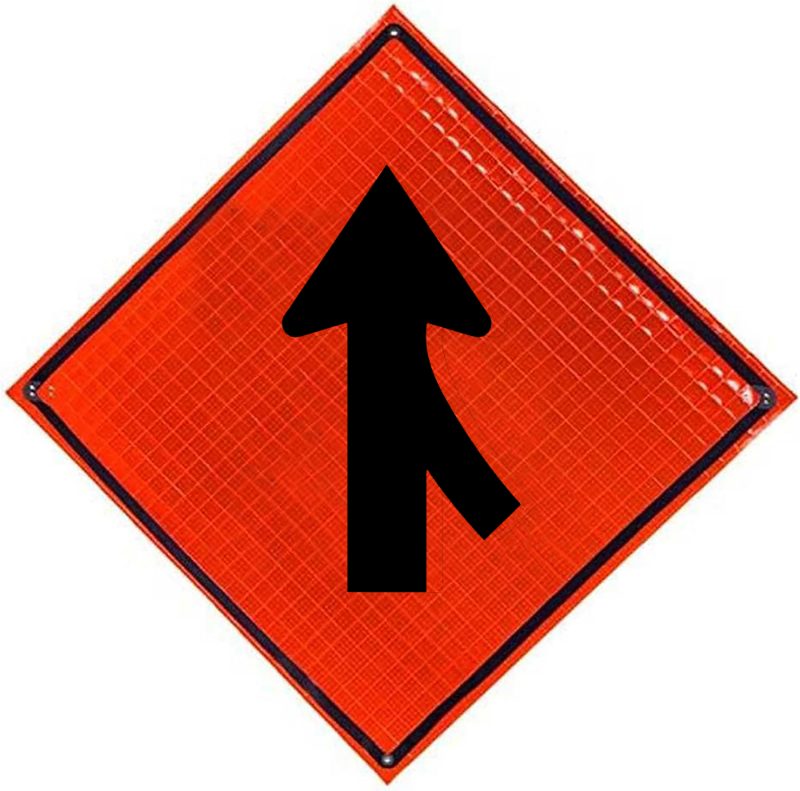 Roll Up Sign, 48x48 Reflective PP HF Merge w/Directional Arrow Symbol Overlay (Velcro) 8" x 30"