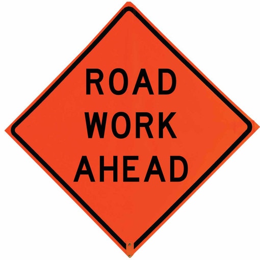 Roll Up Sign, 48x48 Marathon PP HF Road Work Ahead, (W20-1) Velcro around Ahead 9x30