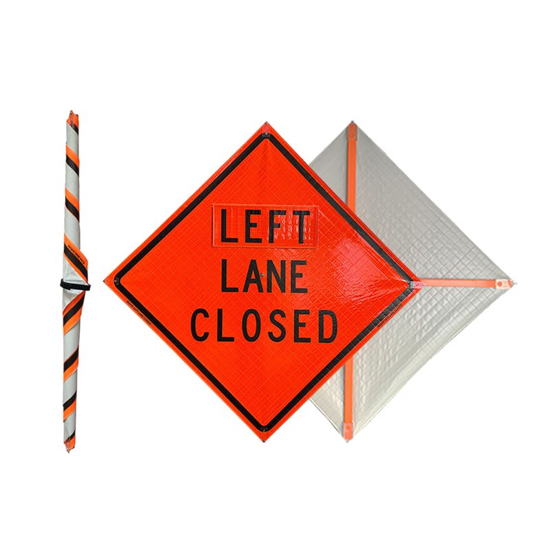 Roll Up Sign, 48x48 Reflective PP HF Left Lane Closed Ahead, (W20-5L) Velcro around Right 8x22 / Ahead 8x30