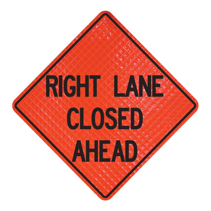 Roll Up Sign, 48x48 Reflective SP NF Right Lane Closed (3 Lines), Velcro around Right 9x28