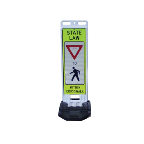 Step-N-Lock, 12" x 36" White Vertical Panel DG Lime/Yellow HIP White 2-Sides, 28 lb Base, Caution Active Bikeway Ahead, w/Bike S