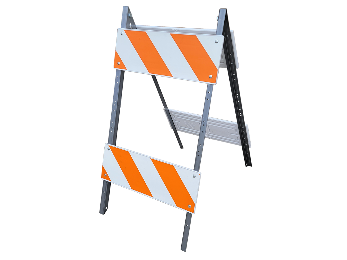Type II Folding Barricade 14 Ga Galvanized Legs Blow Molded Plastic Panels w/(2) 8" x 24" Top Avery 71 Series , (2) 8" x 24" Bot